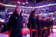 Caitlin Clark #22 of the Indiana Fever (L) stands with her team prior to the 2025 AT&T WNBA All-Star Game at Gainbridge Fieldhouse on July 19, 2025 in Indianapolis, Indiana. - Source: Getty
